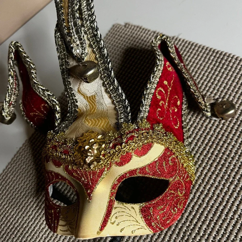 Venetian Jester Masquerade Mask Red Gold Glitter Harlequin Mardi Gras Bell Lion